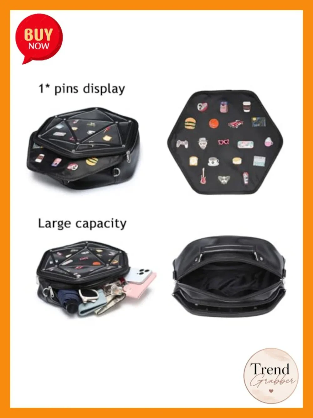 Hexagonal PU Ita Backpack, Clear Pin Window Crossbody Purse for Anime Fans